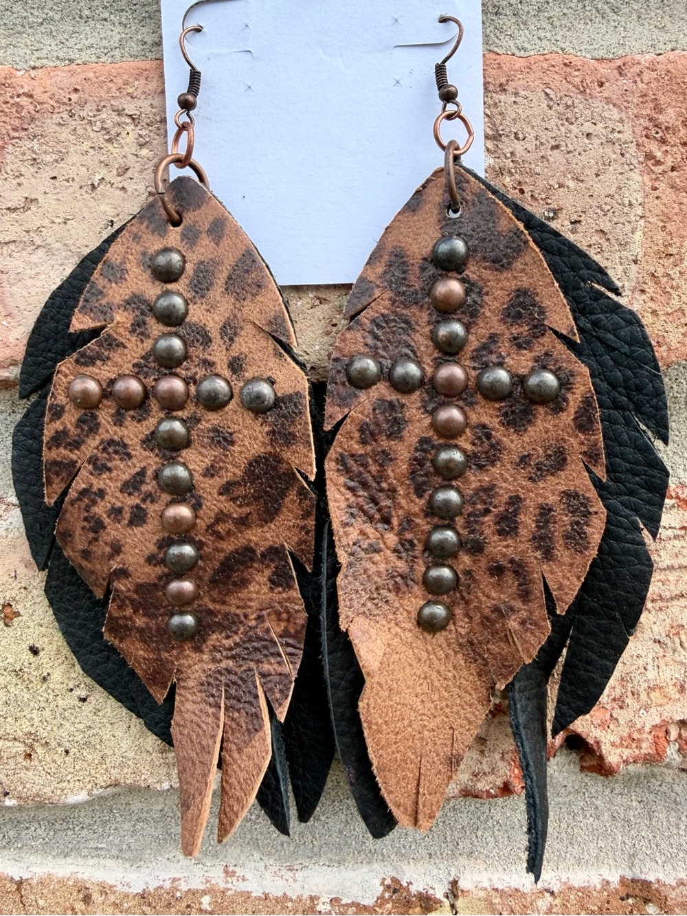 Double leather, black & leopard print, feather earrings